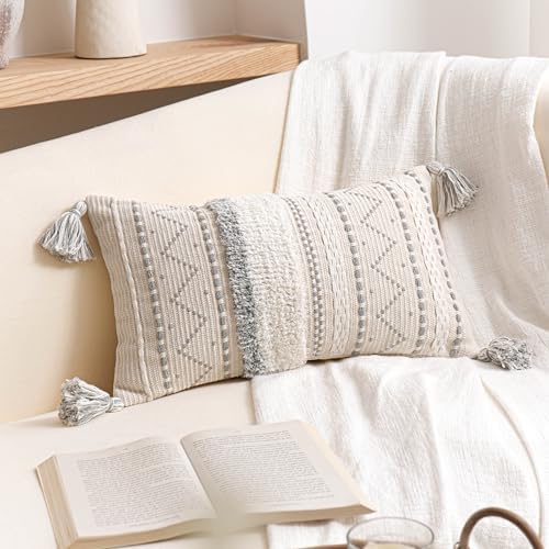BlissBlush 12x20 Lumbar Pillow Cover, Cream Neutral Rectangular Decorative by BlissBlush