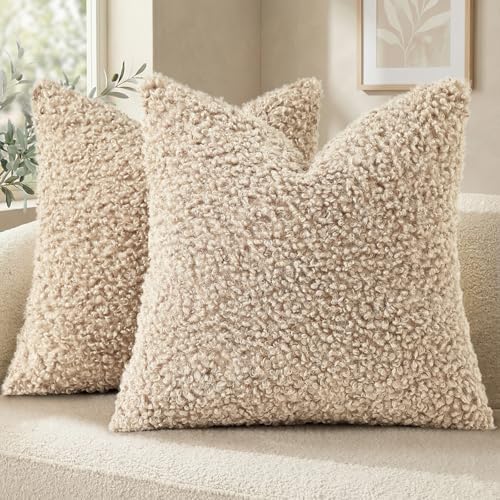 decorUhome Sherpa Throw Pillow Covers 16x16 Set of 2 Neutral Oatmeal by decorUhome
