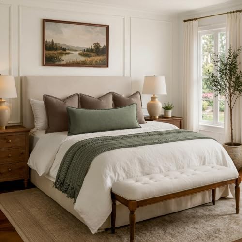 MIULEE 14x36 Long Linen Fringe Lumbar Pillow Covers Set of 1 Olive Green - Image 4