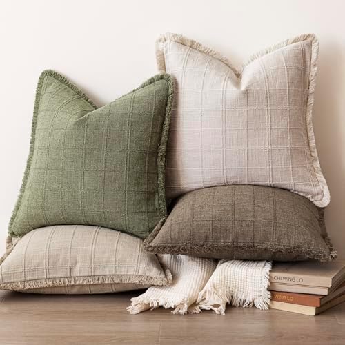 Foindtower Set of 2 Decorative Linen Check Fringe Throw Pillow Covers Farmhouse - Image 6