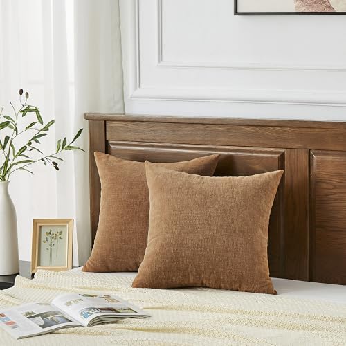 GAWAMAY Apricot Brown Chenille Throw Pillow Covers 20x20 Set of 2 - Image 3
