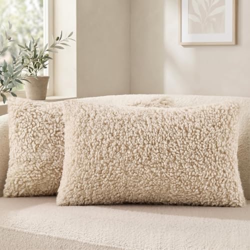 decorUhome Sherpa Throw Pillow Covers 12x20 Set of 2 Neutral Oatmeal by decorUhome