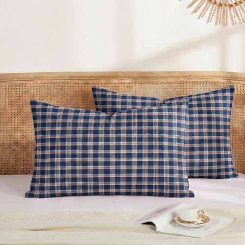 Merryword 100% Cotton Pillow Cases, Queen Size, Washed Cotton Deep Blue Plaid by Merryword