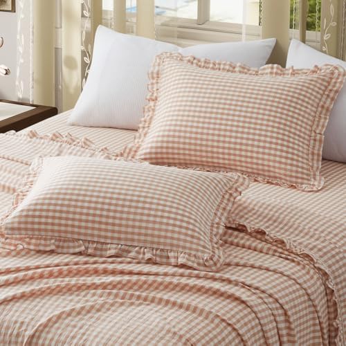 KKJIAF 2 Pcs Plaid Ruffle Pillow Case King Size, Light Pink Plaid - Image 4
