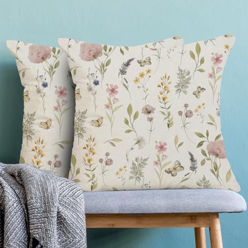 Spring Pillow Covers 16x16 Inch Set of 2, Sage Green Pink Wild Flower Throw - Image 2