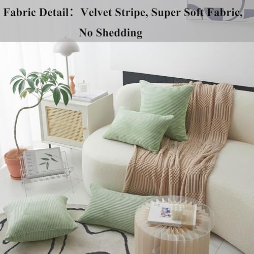Home Brilliant Green Couch Pillow Covers Super Soft Striped Corduroy Set of 2 - Image 3