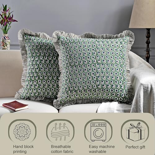 Ridhi Basil Green Block Print Ruffle Pillow Covers 20x20 Inch Set of 2 - Image 4