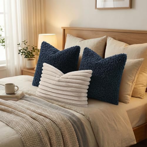 decorUhome Sherpa Decorative Throw Pillow Covers 16x16 Set of 2 Navy Blue - Image 7