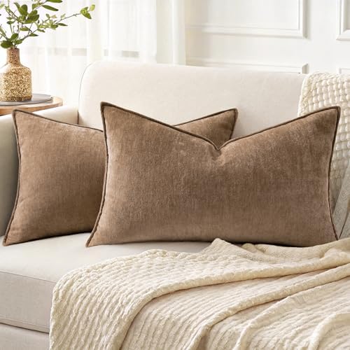 decorUhome Chenille Brown Velvet Throw Pillow Covers 12x20 Set of 2 by decorUhome
