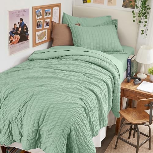 HYMOKEGE Sage Green Twin Comforter Set Seersucker 5 Pieces, All Season Luxury by HYMOKEGE