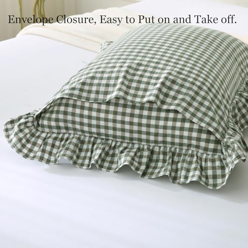 Silnuo Sage Green/White Plaid Ruffled Queen Size Pillow Shams Set of 2 - Image 4