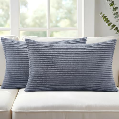 Mecatny Corduroy Decorative Throw Pillow Covers 12x20 Set of 2 Blue Grey by Mecatny