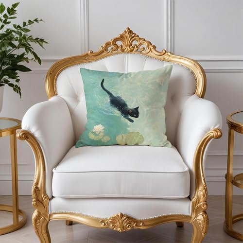 Black Cat Art Painting Throw Pillow Covers 18x18, Aesthetic Cats Decor Pillow - Image 2
