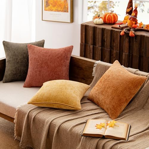 MIULEE Decorative Chenille Fall Pillow Covers Orange Brown 20x20 Pack of 4 - Image 3