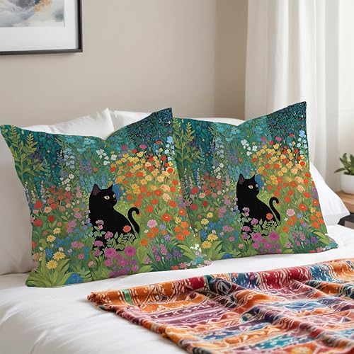 Floral Black Cat Pillow Covers 18x18, Cats Lovers Lady Gifts, Cat Mom Grandma - Image 3