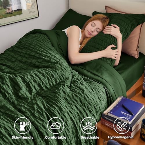 HYMOKEGE Dark Green Twin XLComforter Set Seersucker 5 Pieces, All Season Luxury - Image 2