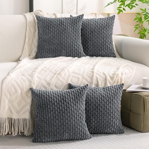Set of 4 Medium Grey Taupe Decorative Throw Pillow Covers 26x26 Inch Corduroy - Image 2