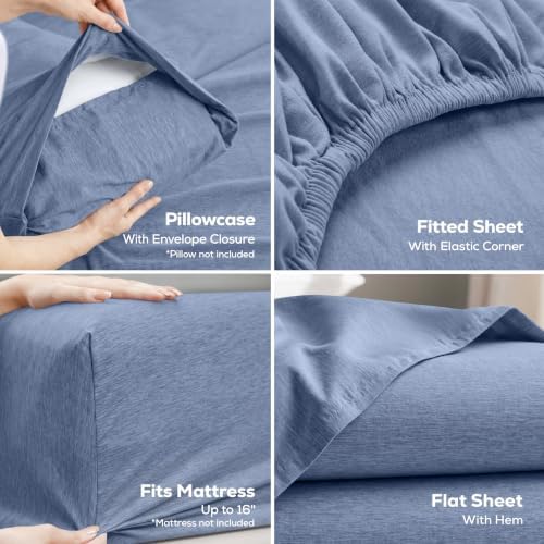 Full Sheets Set, 4 Pieces 16" Deep Pocket Hotel Luxury Sheets, Heather Navy - Image 3