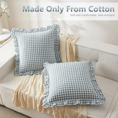 KKJIAF 2 Pcs Ruffle Gingham Pillow Covers 24" x 24", Dusty Blue Plaid - Image 3