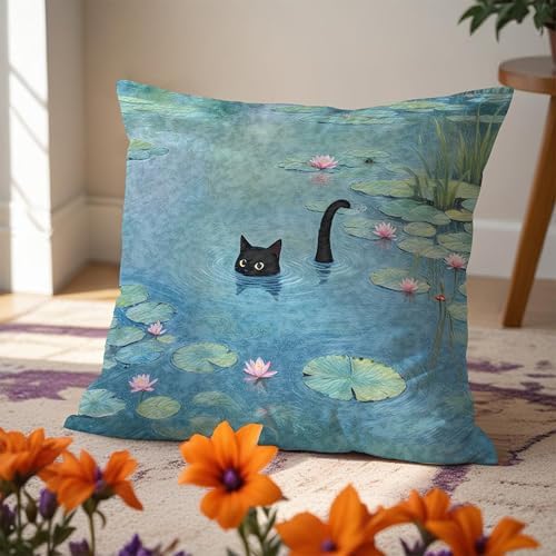 Black Cat Art Painting Throw Pillow Covers 18x18, Aesthetic Black Cat Decor - Image 5
