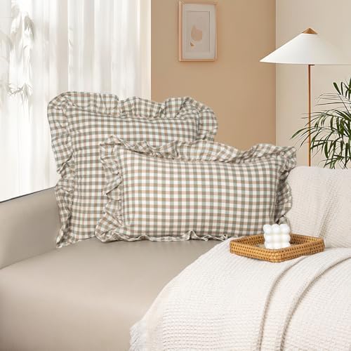 JoraLion Ruffled Throw Pillow Cover 20x20 Gingham Green - Image 2