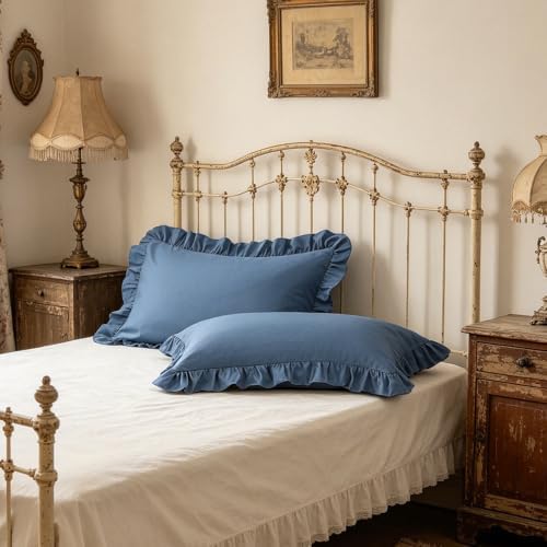 Ruffle Pillow Case King Size Set of 2, Slate Blue - Image 3