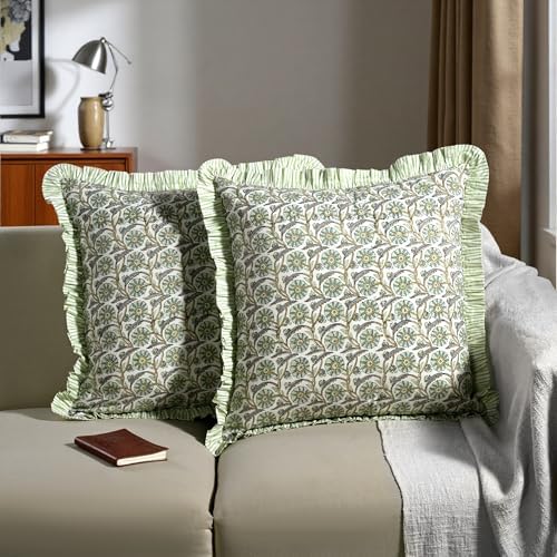 Ridhi Bloom Bubbles Block Print Ruffle Pillow Covers 18x18 Inch Set of 2 - Image 4