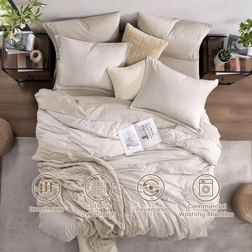 Monbix Queen Size Comforter Set 7 Pieces Oatmeal Beige Bed in a Bag - Image 2