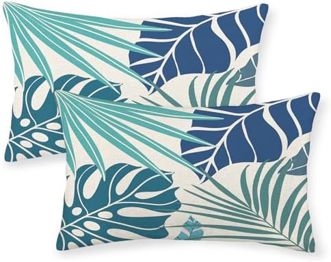 Tropical Pillow Covers 12x20 Set of 2 Navy Blue Aqua Teal Monstera Palm Leaf by GOLIANDA