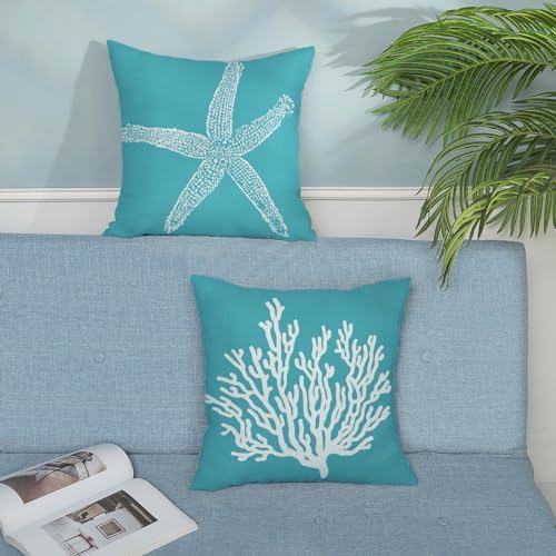 Coastal Pillow Covers 20x20 Set of 2 Aqua Teal Turquoise Coral Starfish Throw - Image 3