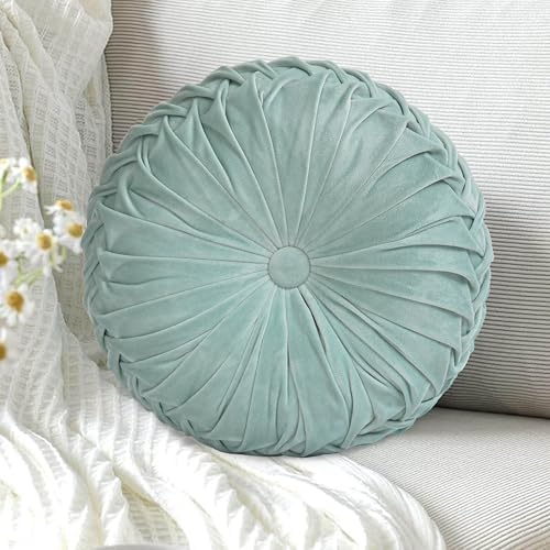HIG Set of 2 Aqua Velvet Decorative Round Pleated Throw Pillows - Image 2