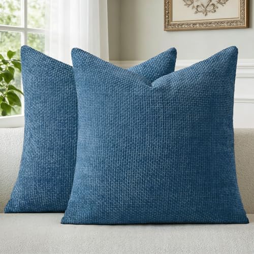 a moment Ocean Blue Chenille Throw Pillow Covers 20x20 Inch Pack of 2 Modern by amoment