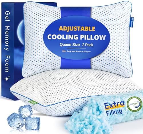 Adjustable Cooling Gel Memory Foam Pillows Queen Size Set of 2 by Fulocean