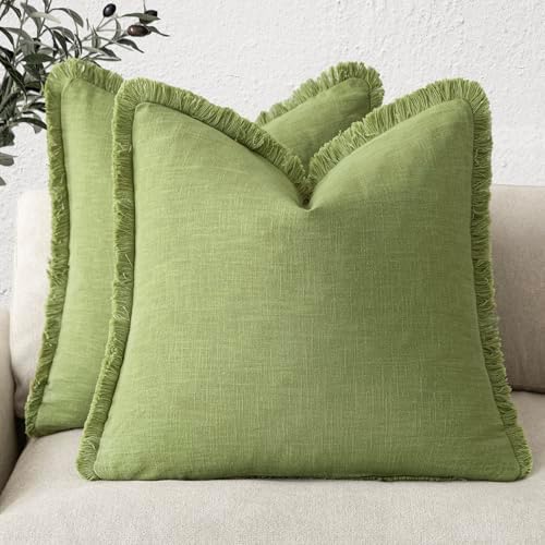 Foindtower Decorative Linen Fringe Throw Pillow Covers 22×22 Lush Green by Foindtower