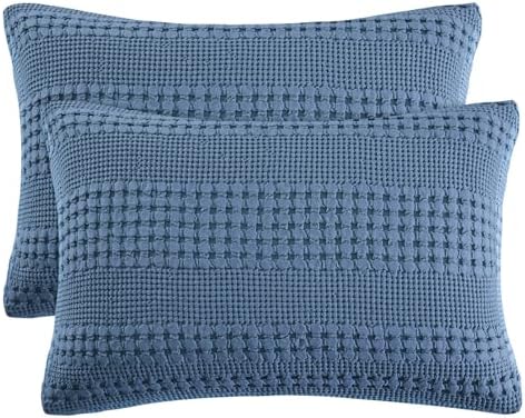 PHF Cotton Waffle Pillow Shams Queen Size 20" x 30", Denim Blue, No Insert by PHF