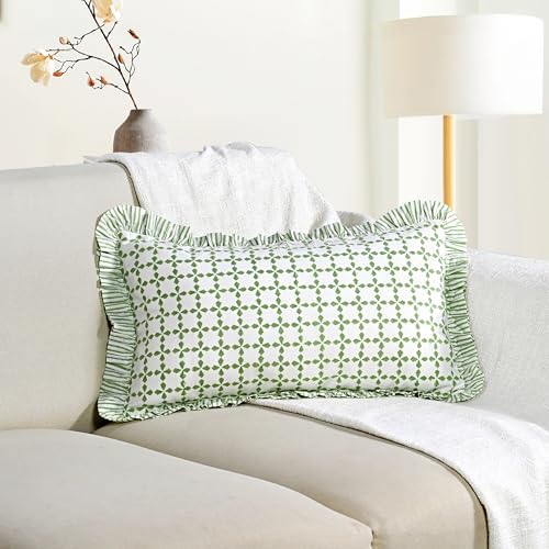CPC Block Print Kelly Green Ruffle Cotton Lumbar Pillow Cover 12x20 inch by COTTONPRINTCLUB