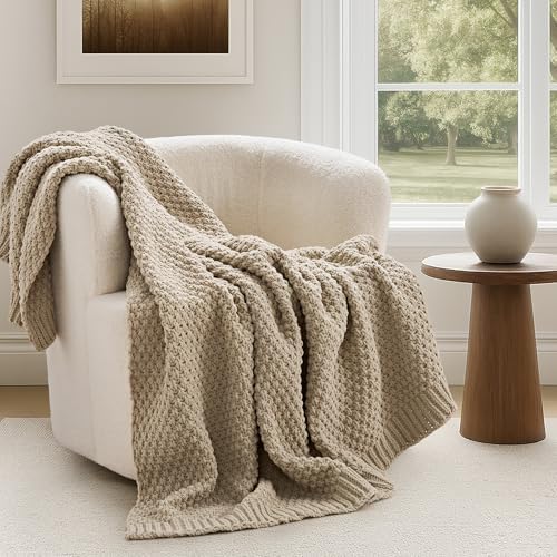 EVERGRACEHOME Chunky Chenille Knit Throw Blanket, 60 x 80, Sand Dune by EVERGRACE