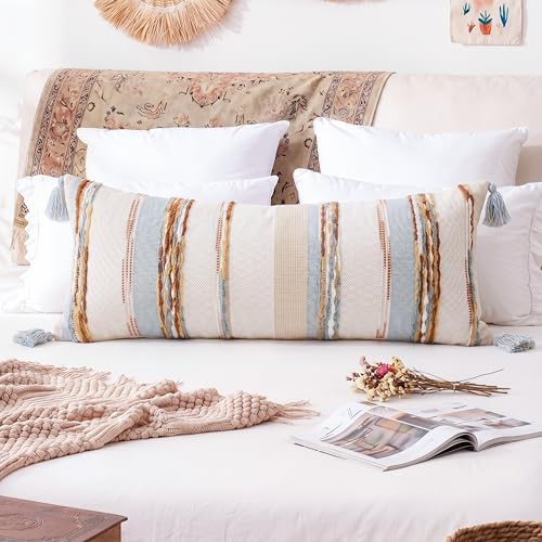 PANOD Boho Long Lumbar Throw Pillow Cover 14 x 36 Blue Brown, Chenille Morocan - Image 2