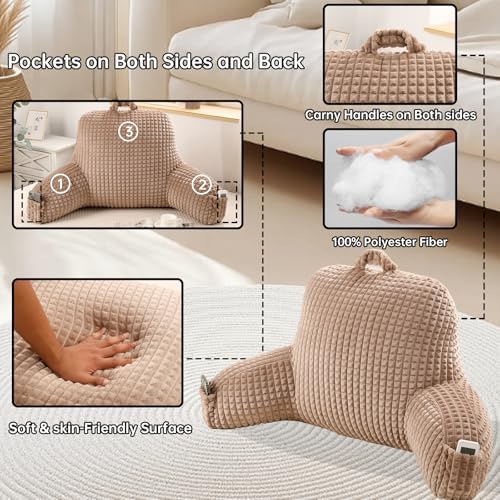 Reading Pillow with Arms for Bed Sitting, Khaki Flannel - Image 5