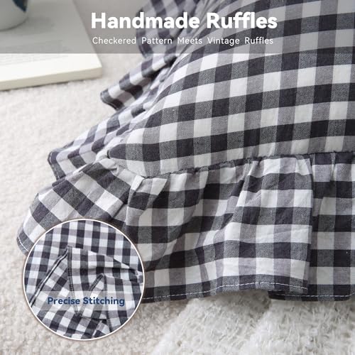Black/White Gingham Throw Pillow Covers 22x22, Ruffle Trim - Image 5