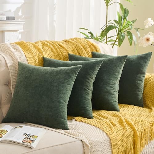 GAWAMAY Dark Green Chenille Throw Pillow Covers 18x18 Set of 4 by GAWAMAY