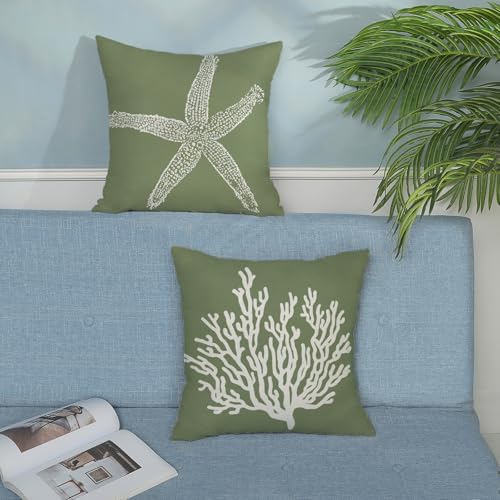 Coastal Pillow Covers 18x18 Set of 2 Sage Green Coral Starfish Throw Pillows - Image 3