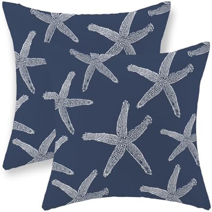 Navy Blue Starfish Pillow Covers 18x18 Inch Set of 2 Coastal Throw Pillows by GOLIANDA