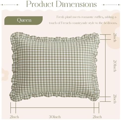 KKJIAF 2 Pcs Plaid Ruffle Pillow Case Queen Size, Sage Green Plaid - Image 2
