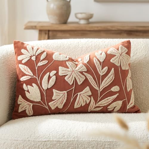 BlissBlush Lumbar Pillow Cover 12x20 Inch, Rust Terracotta Floral Tufted Velvet by BlissBlush