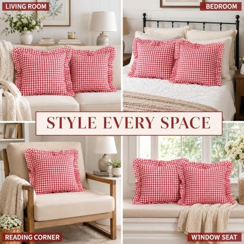 JoraLion Ruffled Throw Pillow Cover 20x20 Gingham Red - Image 3