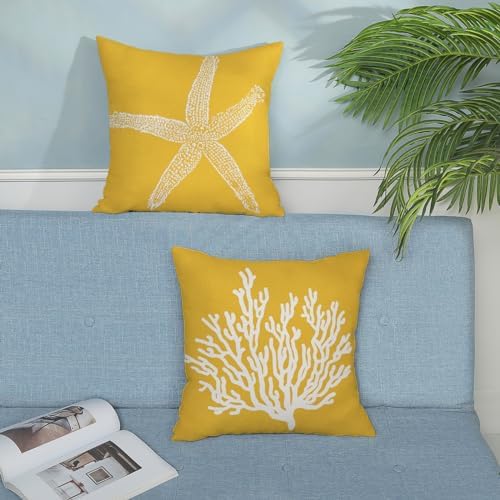 Coastal Pillow Covers 16x16 Set of 2 Yellow Coral Starfish Throw Pillows - Image 3