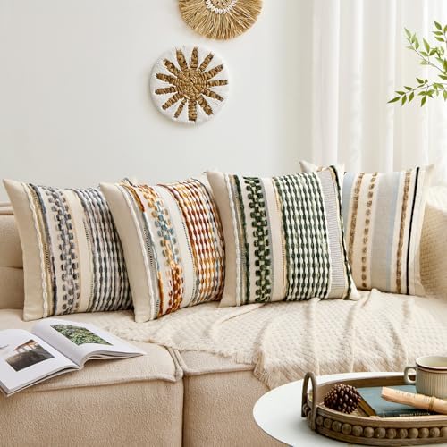 ANRODUO Boho Decorative Pillow Covers Olive Green Stripe 18x18 Pack of 1 - Image 2