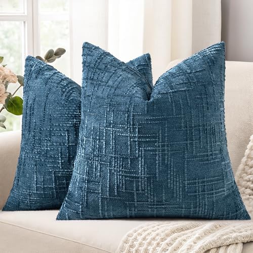 decorUhome Textured Chenille Throw Pillow Covers 16x16 Set of 2 Navy Blue by decorUhome