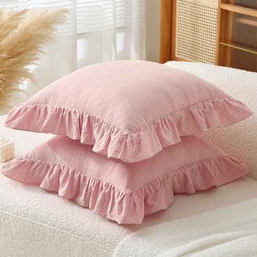Gingham Throw Pillow Covers 18x18, Ruffle Trim, 2 Pack - Image 7